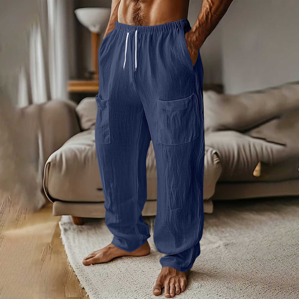 Mens Fashion Cotton-Linen Solid Color Multi-Pocket Elastic Waist Drawstring Casual Straight-Leg Trousers