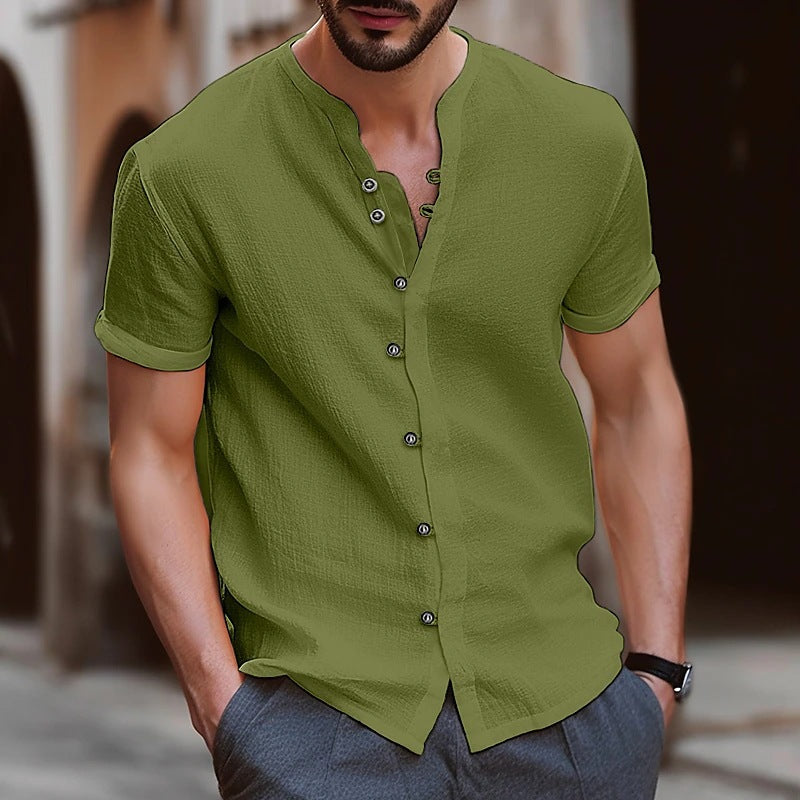 Stylish Mens Retro Button Cotton-linen Casual Short-sleeve Shirt