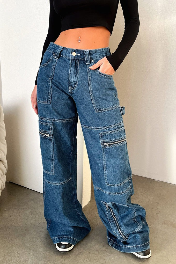 American-style Vintage High-waist Workwear Denim Jeans For Women Wide-leg