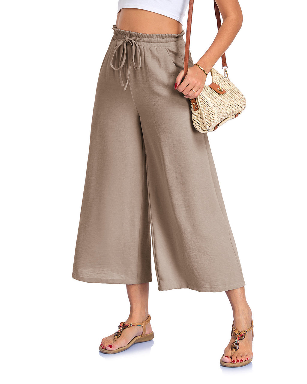 Fashionable Loose-fitting Capri Wide-leg Pants With Pockets And An Elastic Waistband