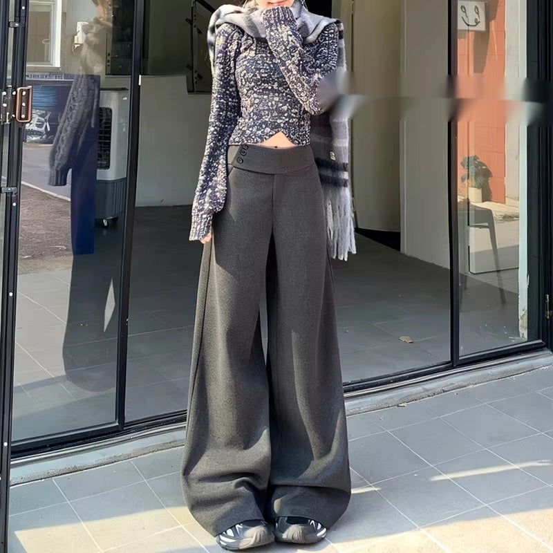 Dark Gray Wool High-waisted Slimming Loose-fit Casual Pants