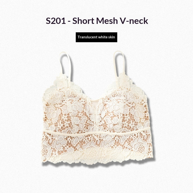 Lace Floral Camisole Mesh Top With Built-in Pads Sexy Slim-Fit Minimalist Base Layer