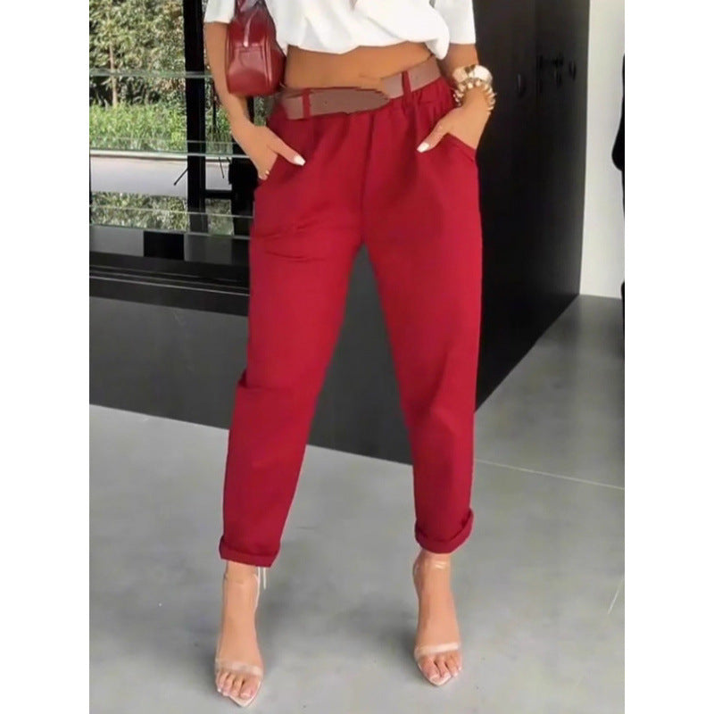 New Womens Solid-color Pocketed Slim-fit Versatile Casual Pants