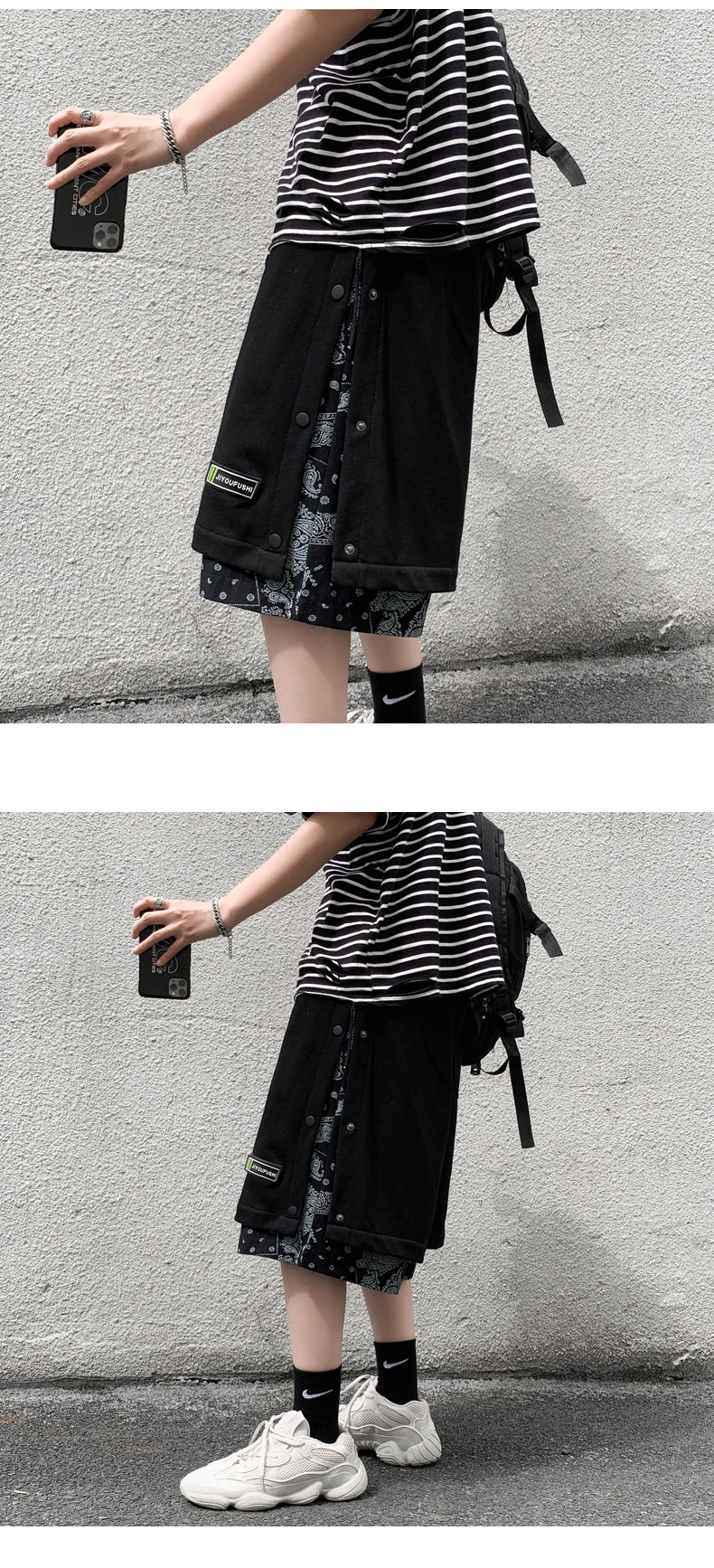 Hong Kong Style Breasted Shorts Men''s Hip Hop Cashew Flower Stitching Loose Fashion
