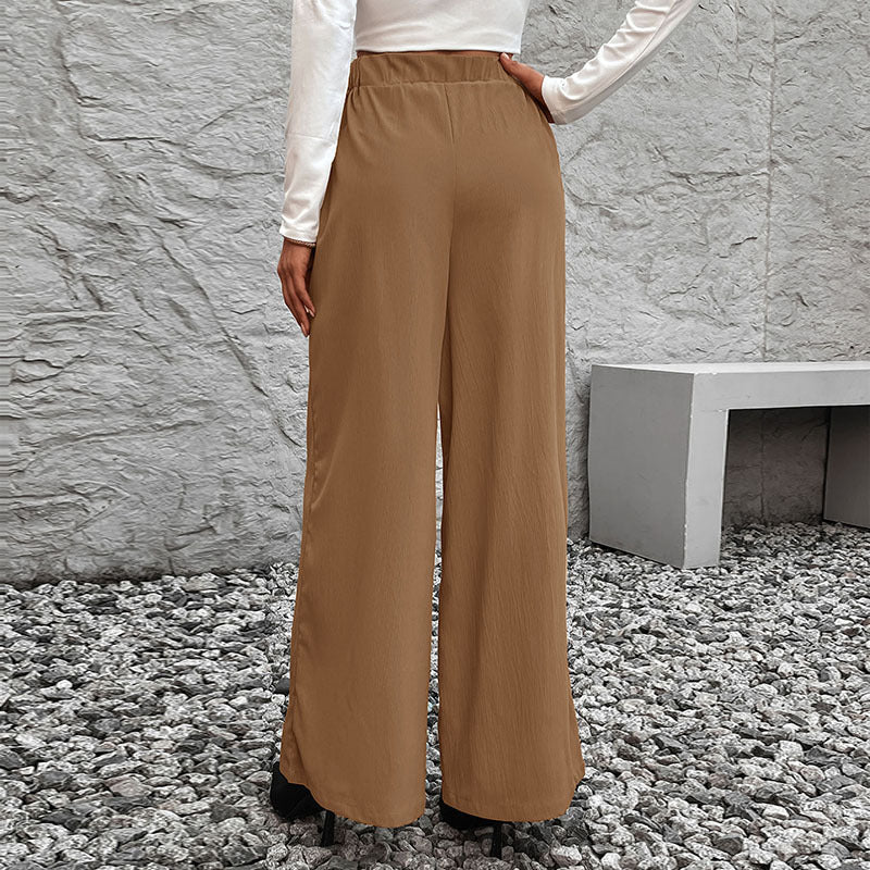 Solid-color Lace-up High-waist Straight-leg Wide-leg Minimalist Chic Versatile Womens Trousers