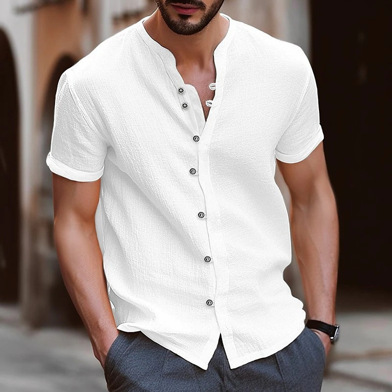 Stylish Mens Retro Button Cotton-linen Casual Short-sleeve Shirt