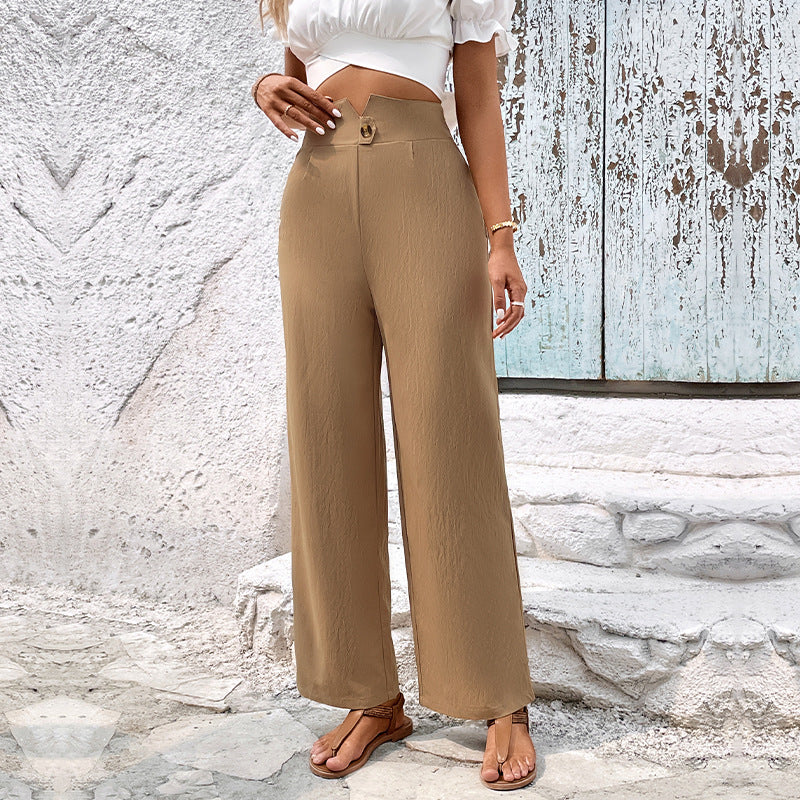 High-waisted Solid-color Ankle-length Straight-leg Pants For Women