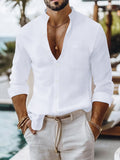 Solid-color Cotton-linen Shirt, Mandarin-collar Cardigan, Long-sleeve Business-casual Shirt
