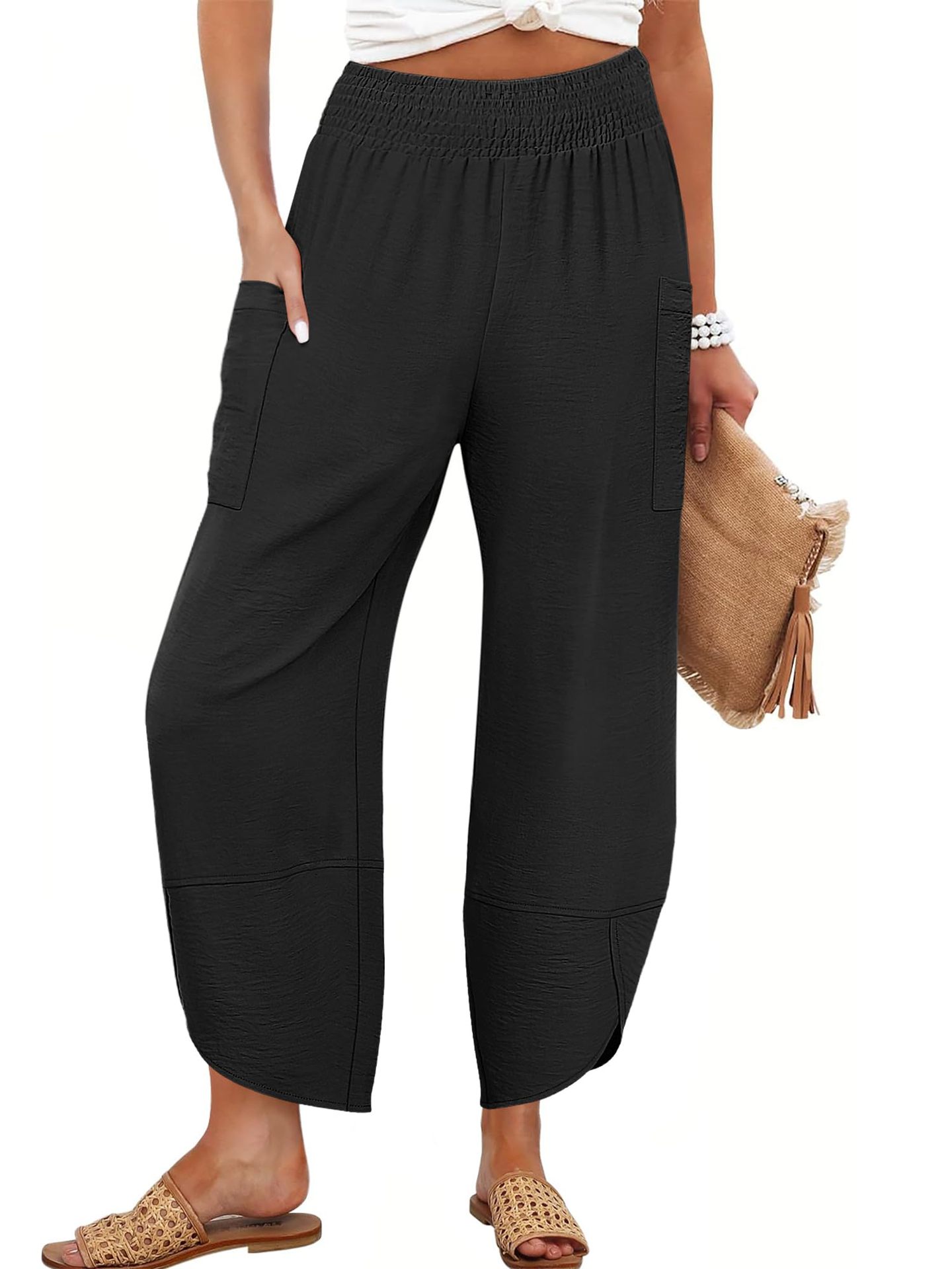 Summer New High-Waist Loose Solid-Color Side-Pocket Cropped Trousers