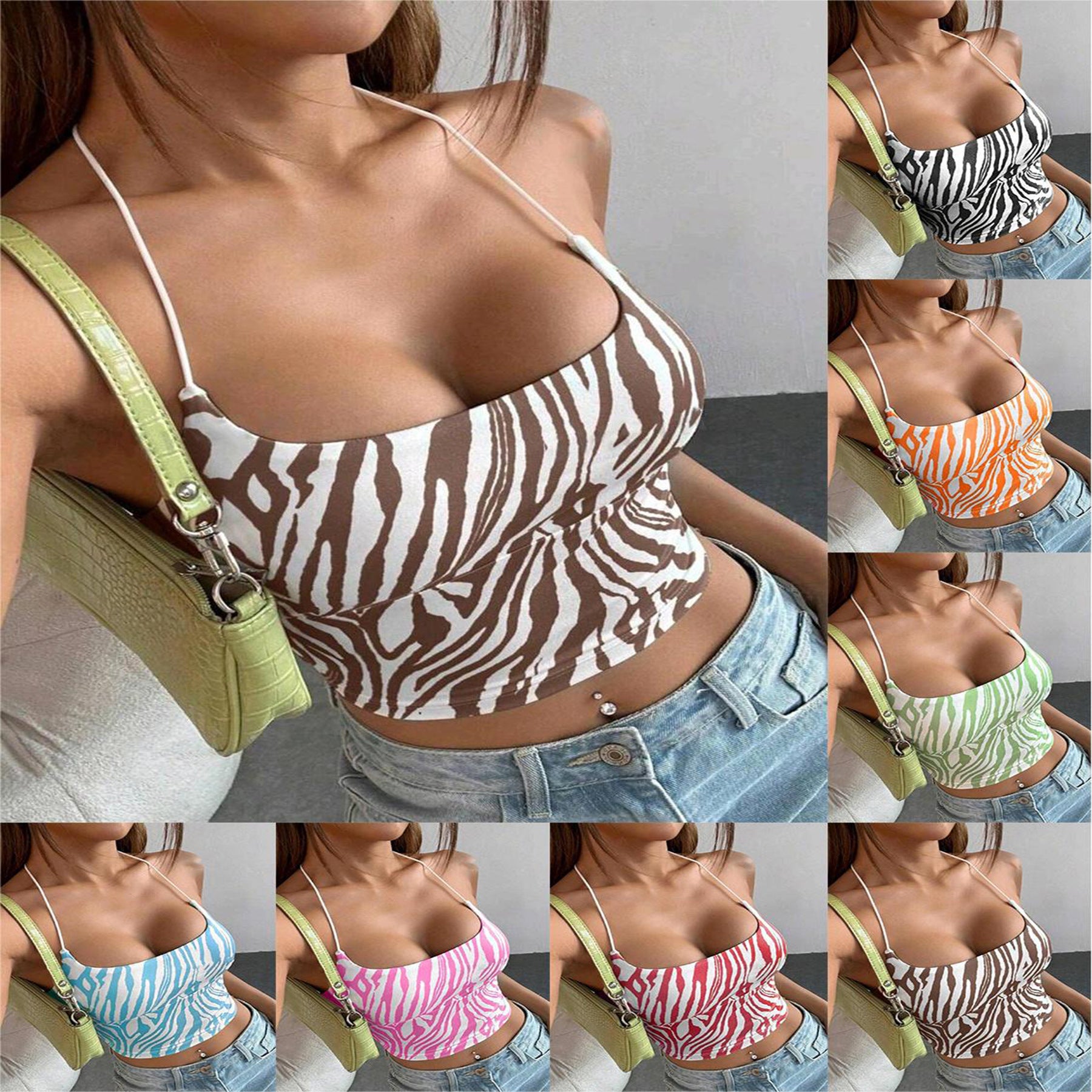 Zebra-striped Print Short Camisole With Back Tie