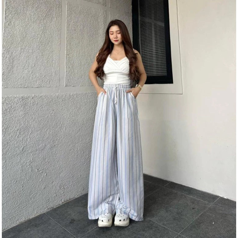 Women's Striped Loose Drawstring Wide-Leg Pants