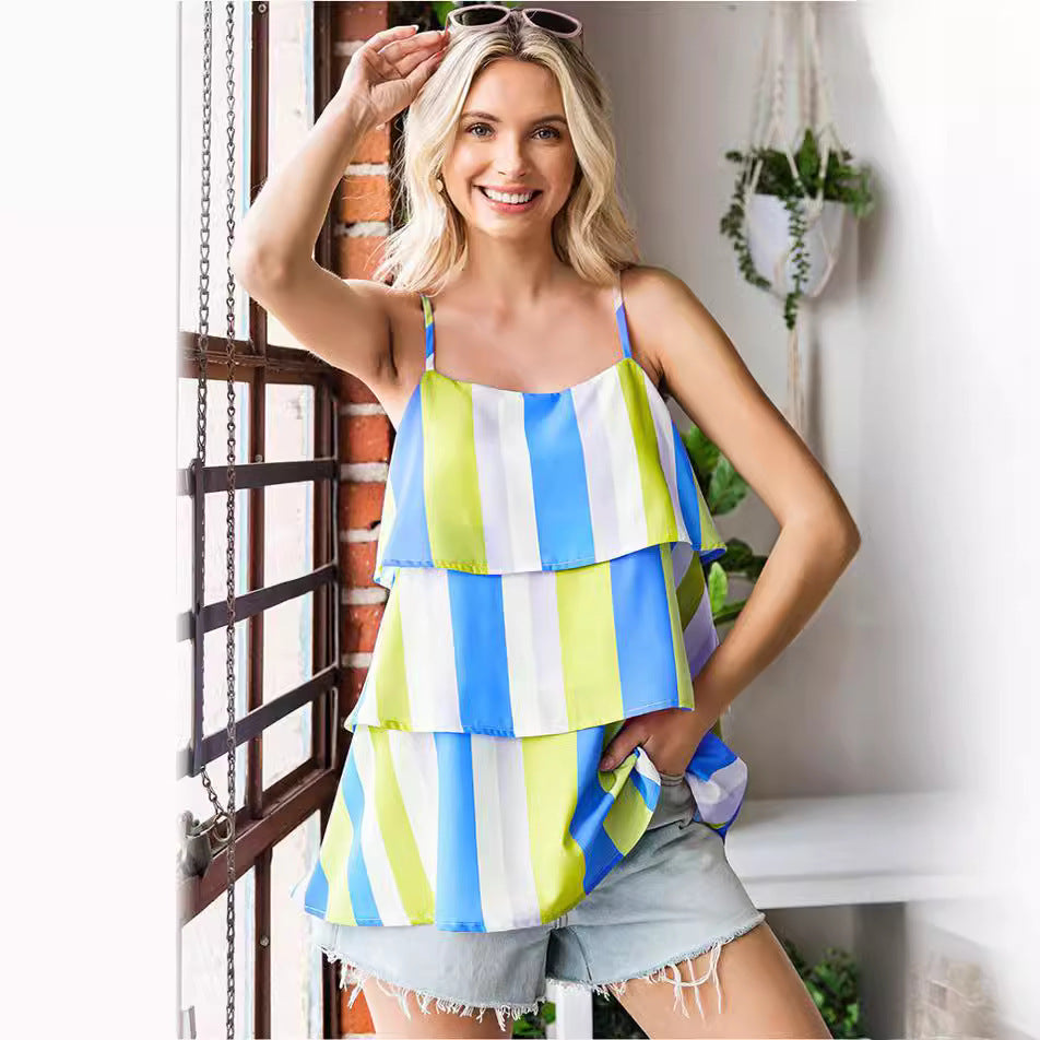 Womens Striped Printed Pleated Layered Camisole