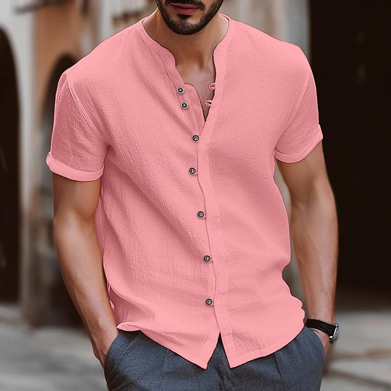 Stylish Mens Retro Button Cotton-linen Casual Short-sleeve Shirt