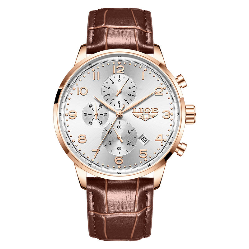 Multifunctional Calendar Leather Belt Waterproof Mens Business Mechanical Watch