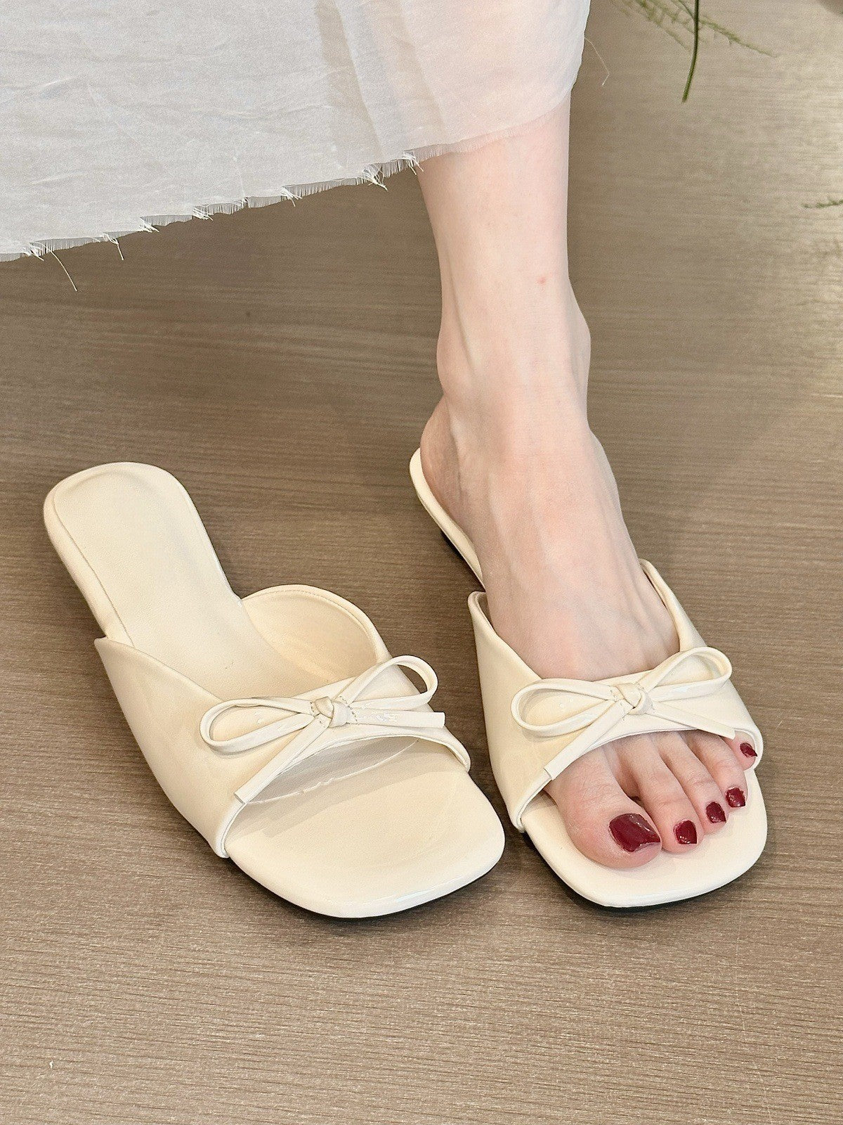 Women's French Style High Heel Slide Sandals, 2026 New Summer Outdoor Wear, Square Toe Wedge Heel, Bowknot Elegant Slippers
