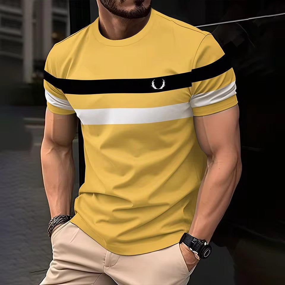 Geometric Contrasting Striped 3D Printed Mens Loose  Breathable Crew Neck T Shirt