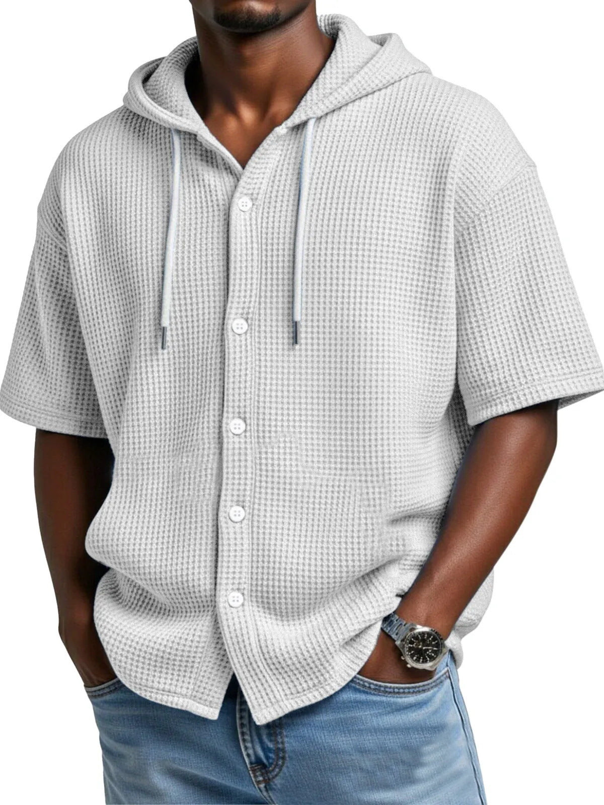 SpringSummer Casual Waffle Weave Hooded Short-Sleeve Top