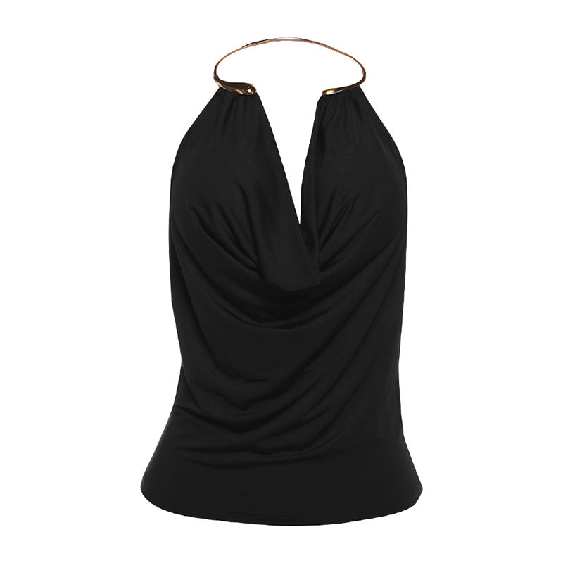 Fashionable Solid-Color Low-Cut  Plunging Neckline Metal Halter Bodycon Tank Top