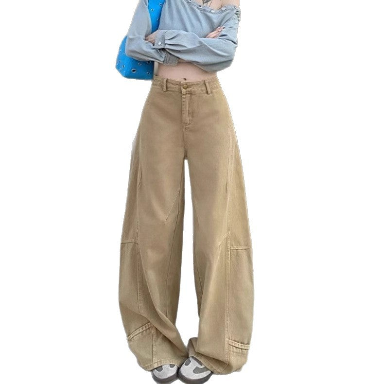 Khaki Loose-fit Wide-leg Cargo Jeans