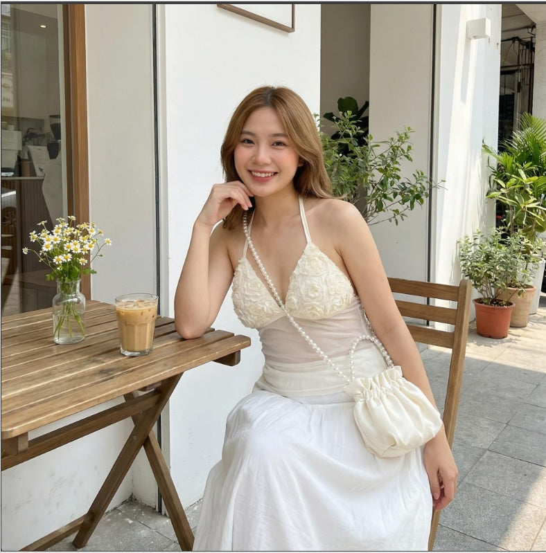 Women's New Summer 3D Floral Hollow Sexy Halter Neck Top Suitable For Summer Vacation Beach Getaway
