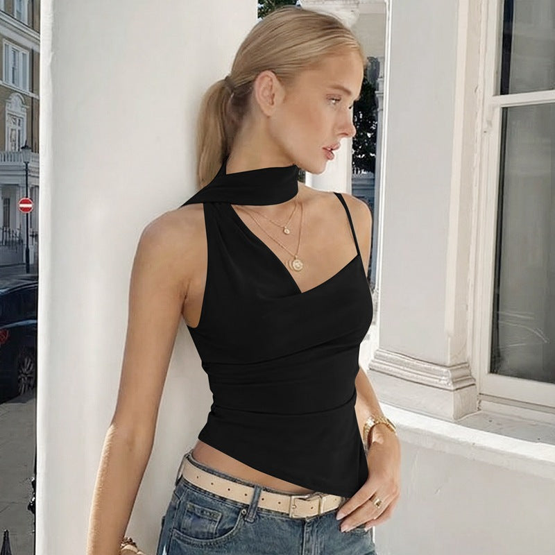 Womens Allure-Style Halterneck Flowy Strap Solid-Color One-Shoulder Camisole Top