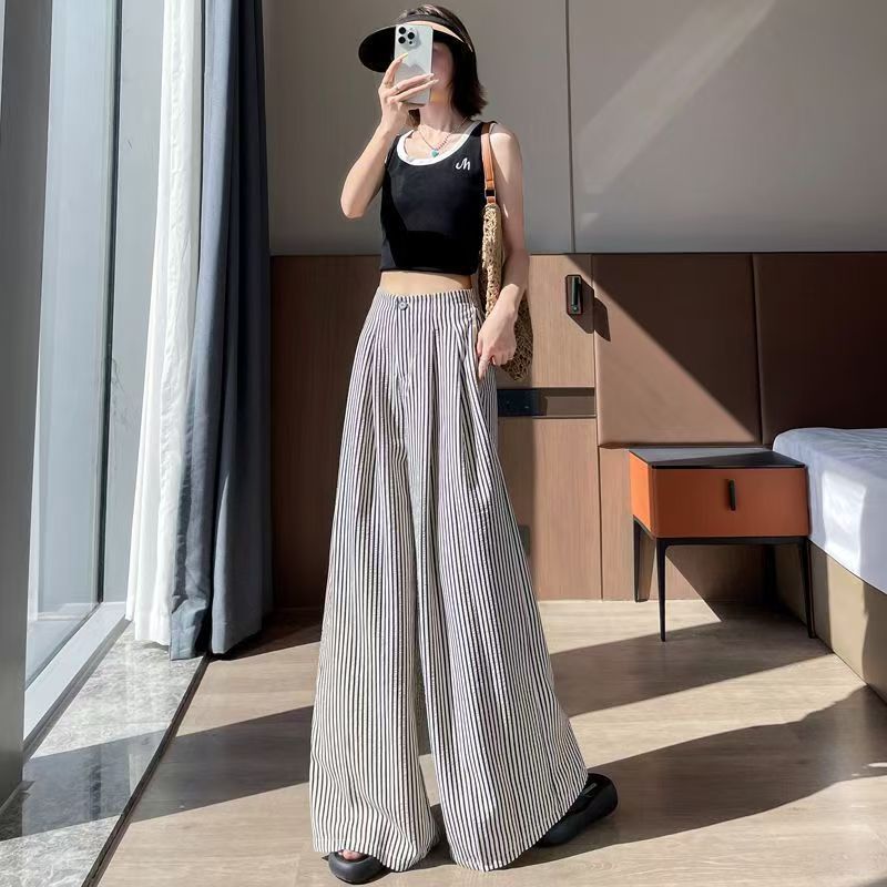 High-waisted Relaxed-fit Slim-fabric Casual Striped Straight-leg Pants