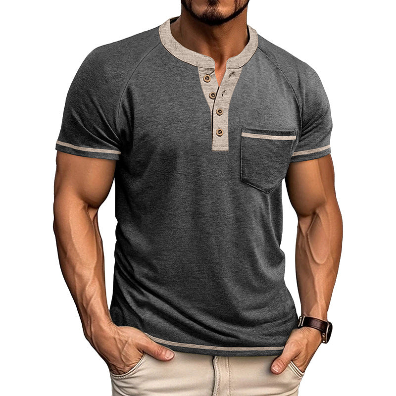 Men's Short-Sleeve Henley Shirt Button-Up Vintage T-Shirt
