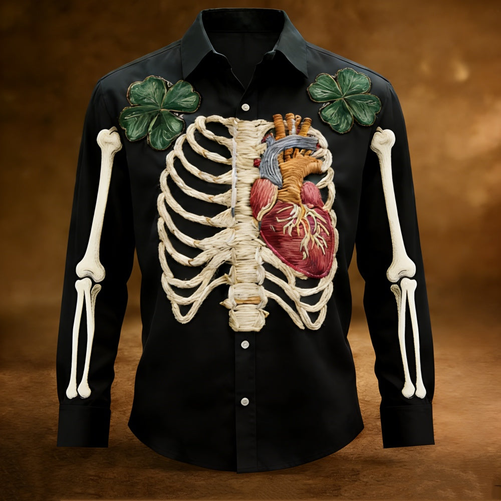 Men's Long-Sleeve Skull-Print Button-Up Shirt