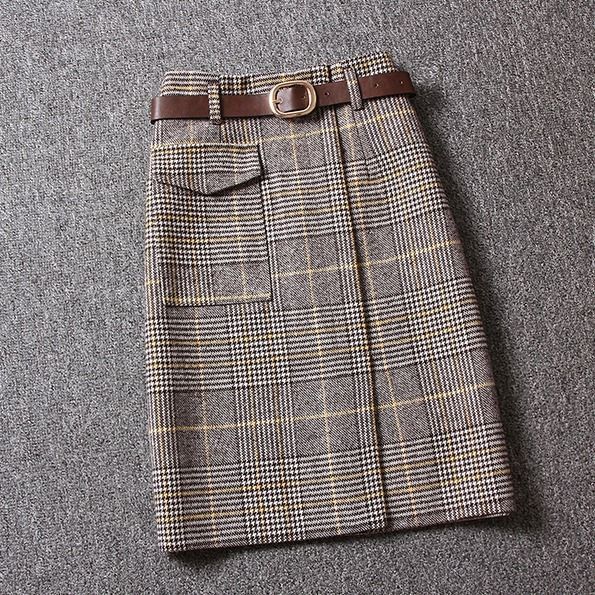 Woolen Plaid Women's Mid-length High Waist Slit One-step Hip Skirt