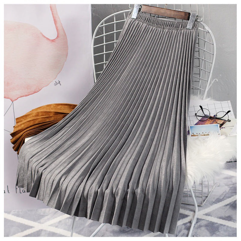Deerskin Velvet Pleated Skirt Female High-waisted A-line Skirt All-match Big Hem