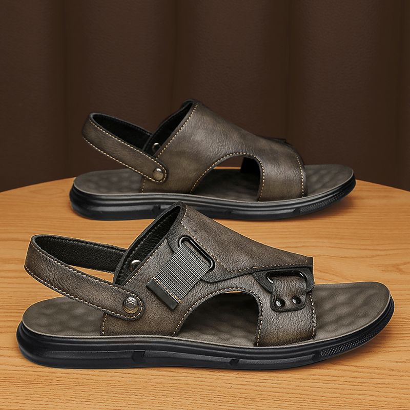 Mens Leather Thick-Soled Non-Slip Beach Casual Soft-Soled Sandals