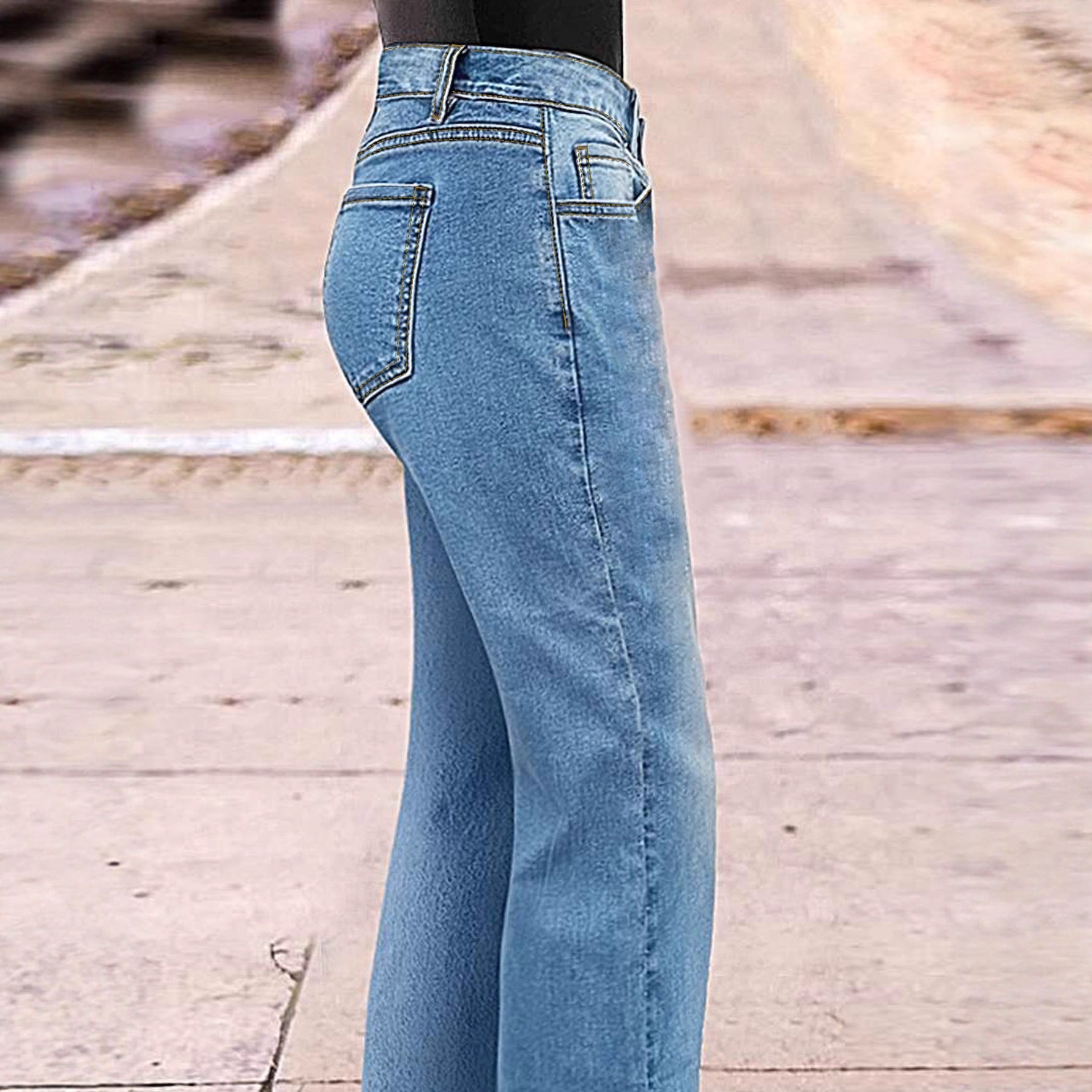 Tied-cord Denim High-waist Slim-fit Straight-leg Pants