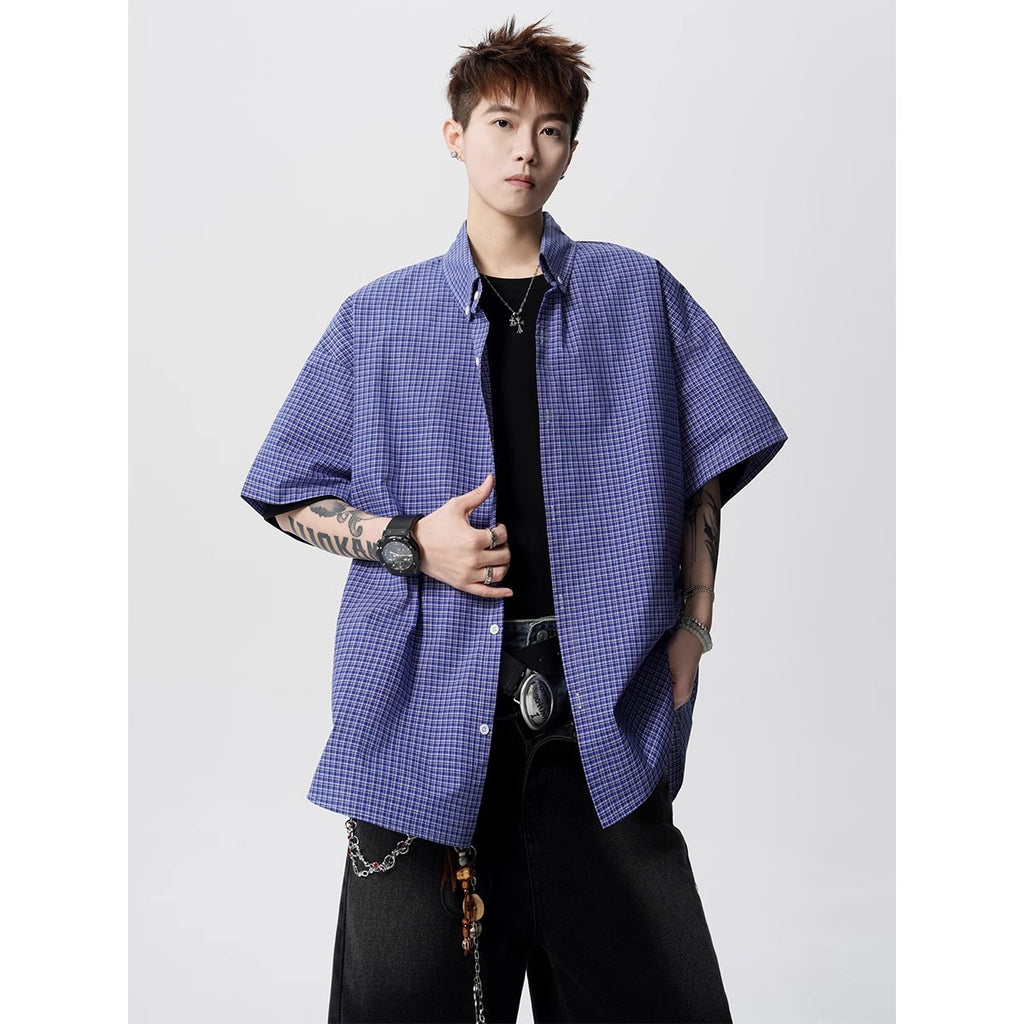 American-style Retro Blue Plaid Preppy Short-sleeve Shirt For Men