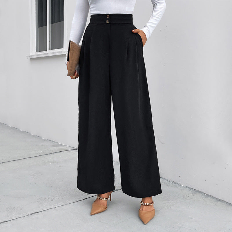 Casual High-Waist Workwear Pants Loose-Fit Black Wide-Leg Trousers