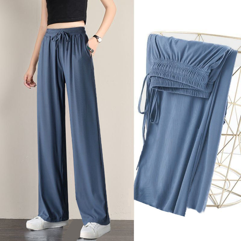 Ice Silk Wide-leg Pants Womens Summer Thin Draping, Loose-fit Style