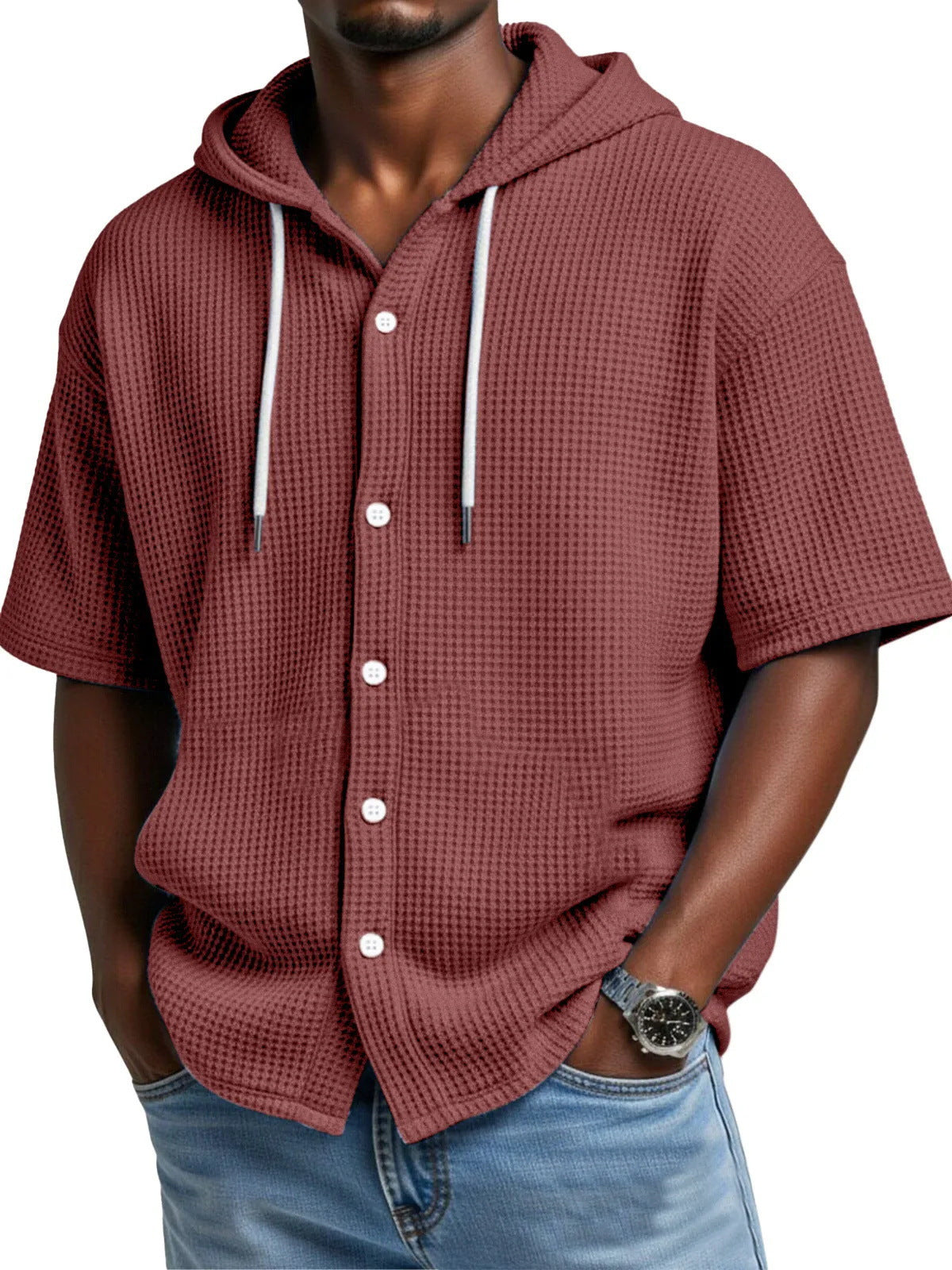 SpringSummer Casual Waffle Weave Hooded Short-Sleeve Top