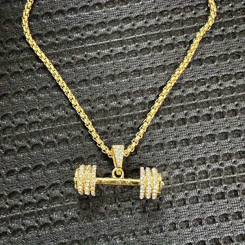 Euro-American Full-Crystal Hip-Hop Pendant Dumbbell Necklace Statement Jewelry