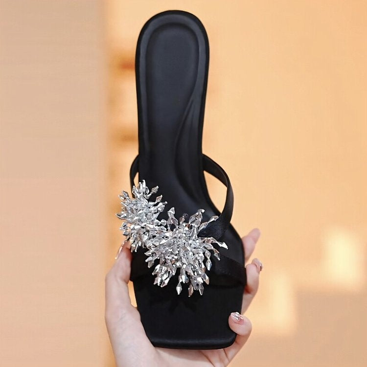 French Elegant Rhinestone High Heel Slide Sandals, 2026 New Fashion Outdoor Women Slippers