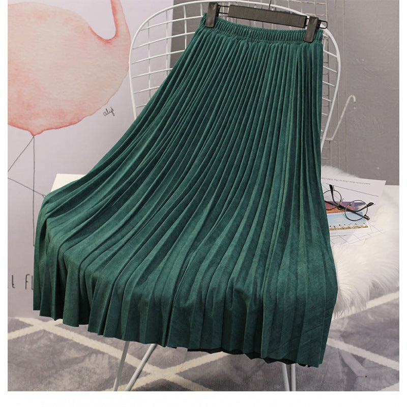 Deerskin Velvet Pleated Skirt Female High-waisted A-line Skirt All-match Big Hem