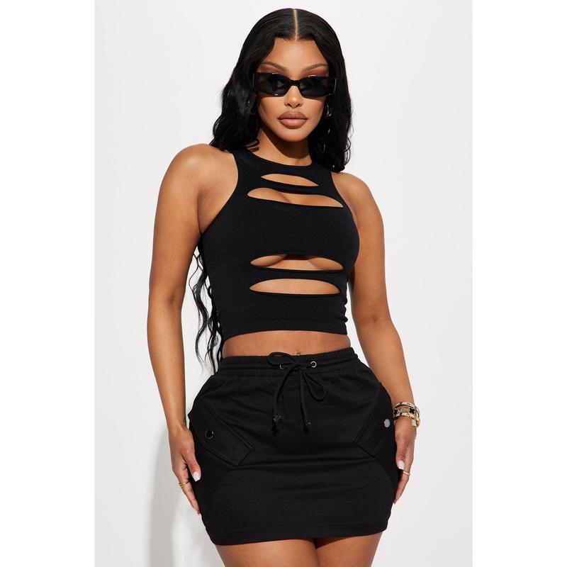 Fashionable Sexy Black And Gray Solid-color With A Daring Openwork Design On The Frontseamless Tank Top