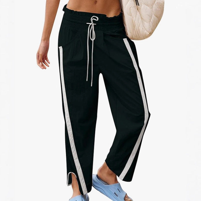 Women's Casual Drawstring Side-Striped Straight-Leg Pants