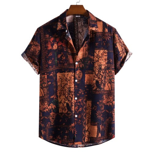 Men's Fashion Trend Cotton Linen Print Short Sleeve