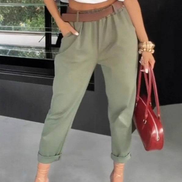 New Womens Solid-color Pocketed Slim-fit Versatile Casual Pants
