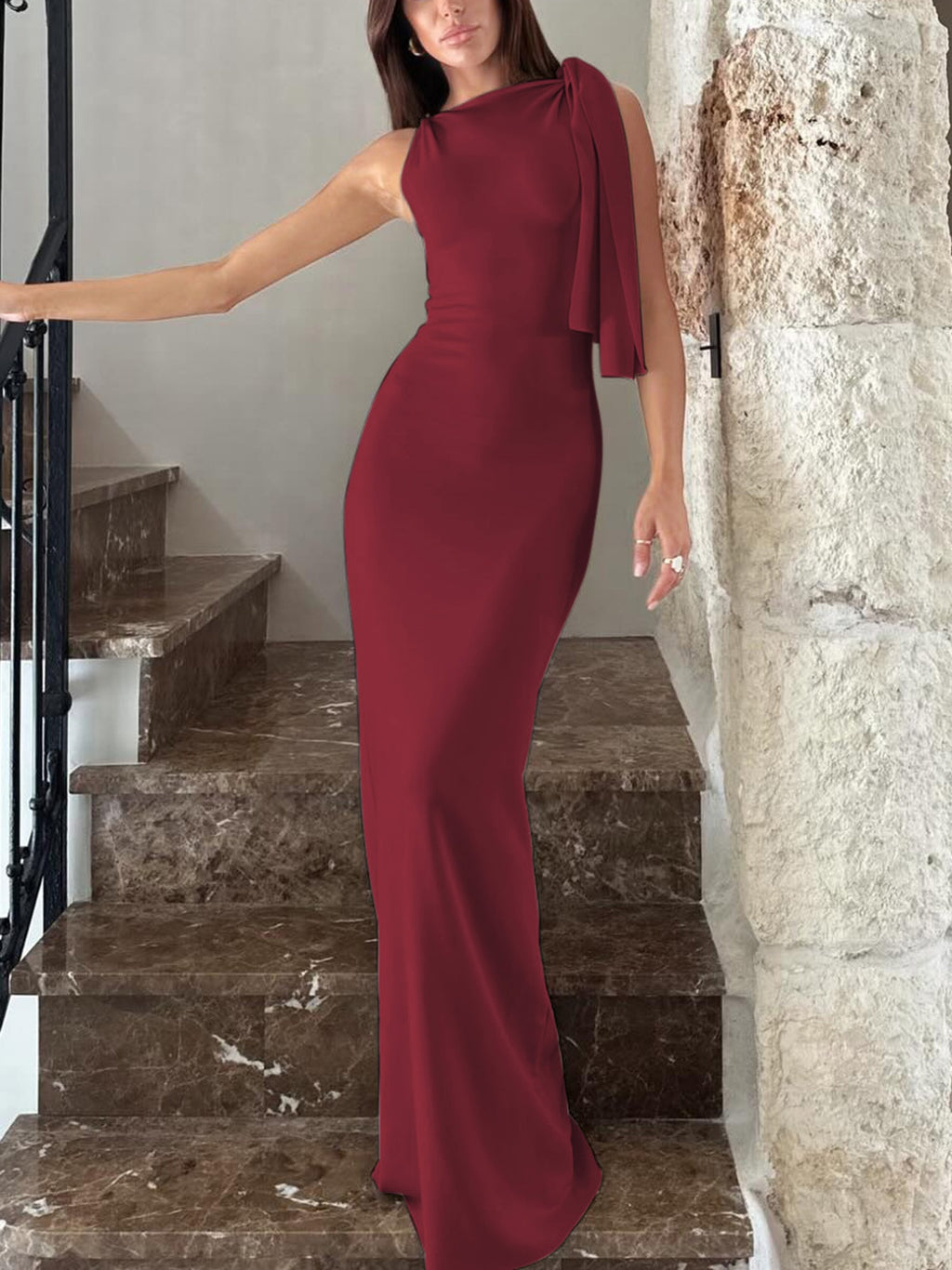 One-shoulder Ribbon Long Dress Ins Fashion Slim Sleeveless Dresses For Evening Party Club Clothing Women