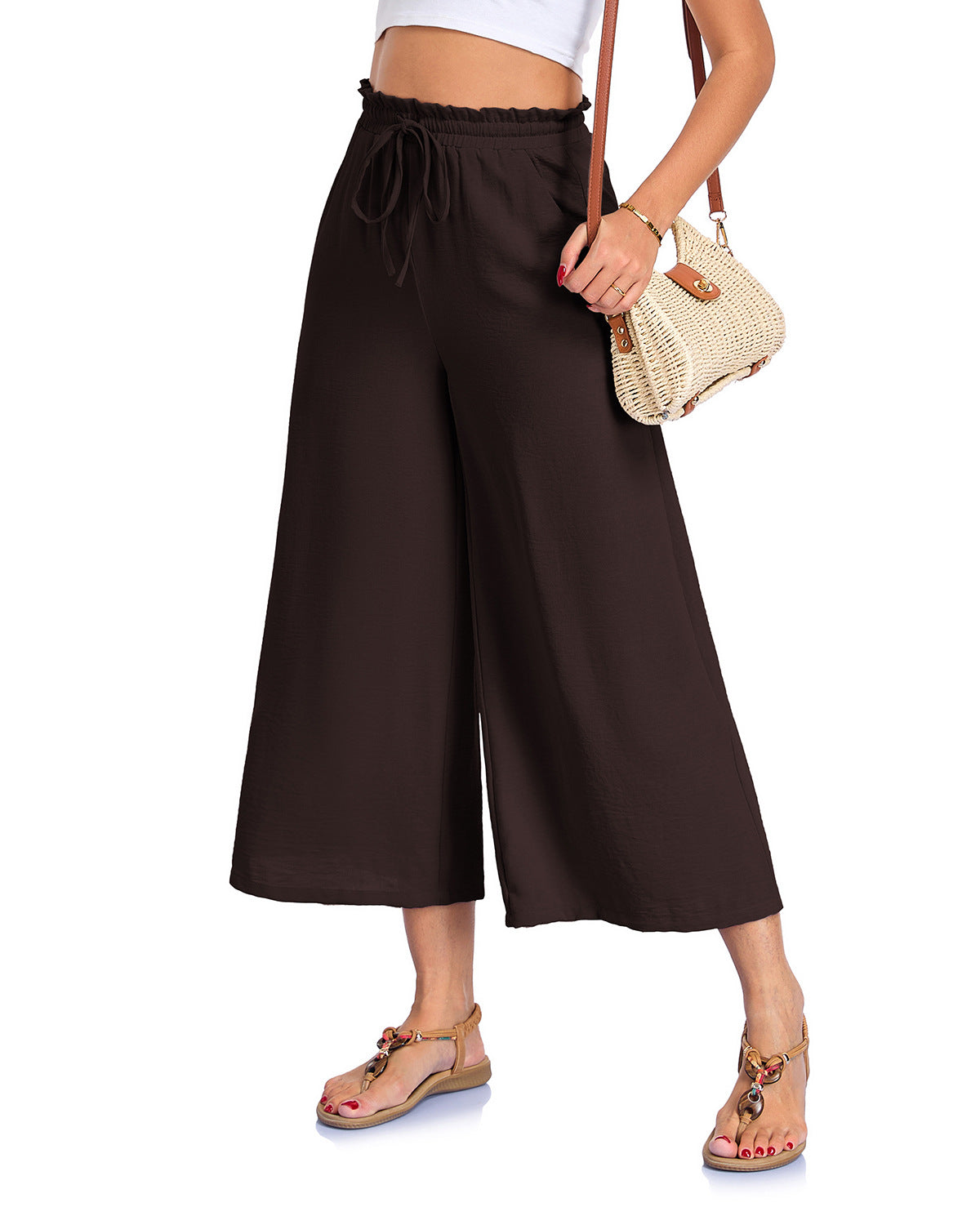 Fashionable Loose-fitting Capri Wide-leg Pants With Pockets And An Elastic Waistband