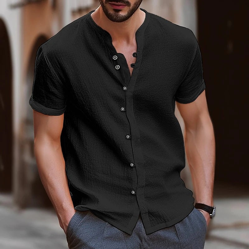 Stylish Mens Retro Button Cotton-linen Casual Short-sleeve Shirt