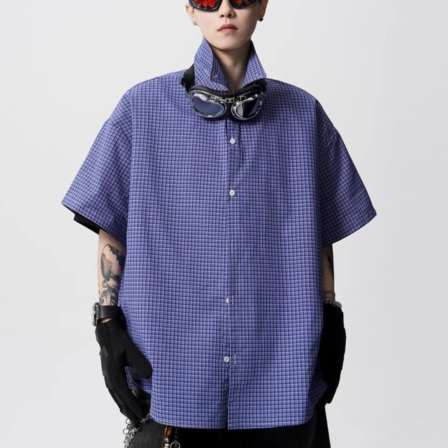 American-style Retro Blue Plaid Preppy Short-sleeve Shirt For Men