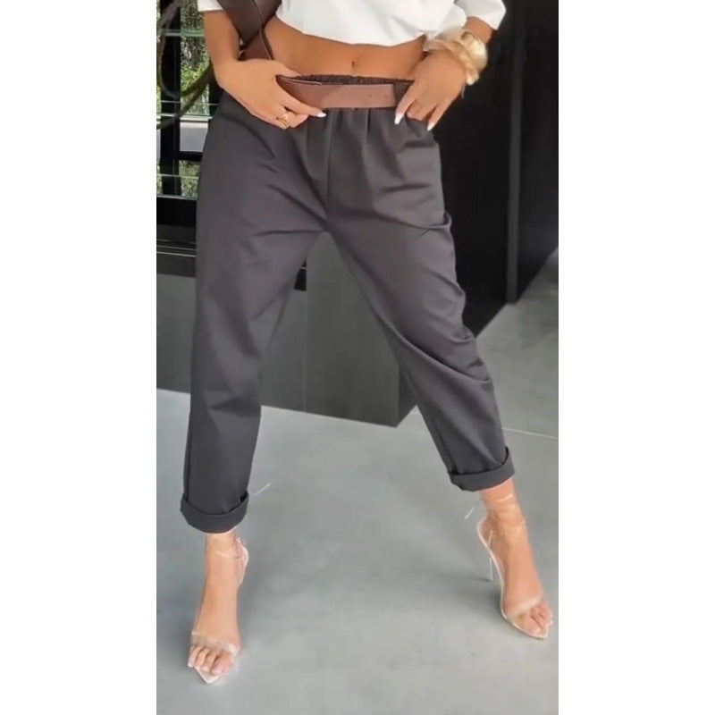 New Womens Solid-color Pocketed Slim-fit Versatile Casual Pants