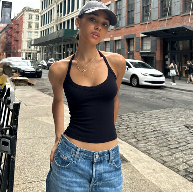 Sexy Solid-Color Slim-Fit Waist-Cinching Street-Style Versatile Halter Neck Tank Top For Women