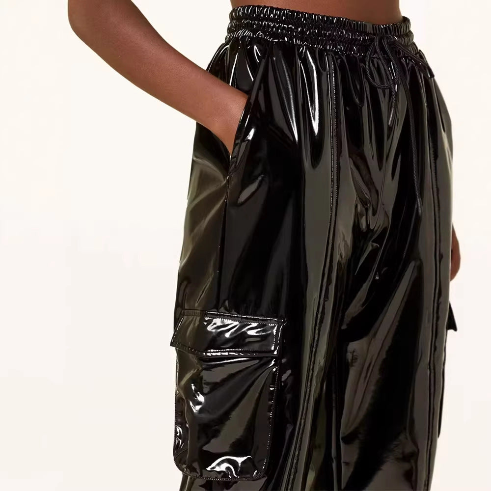 Mirror-finish Patent Leather Stretchy Loose Casual Leather Pants